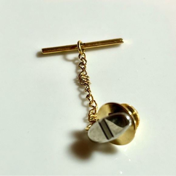 Vintage Silvertone 1/2” Oval Tie Tack with 1 1/2” Goldtone Chain and 1” Bar - Picture 3 of 3